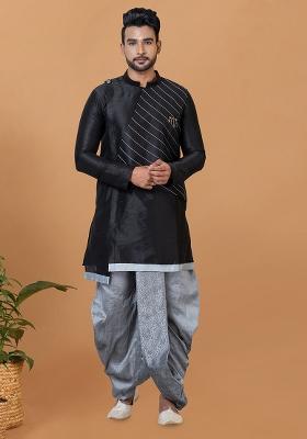 Black Solid Banarasi Silk Kurta Set For Men