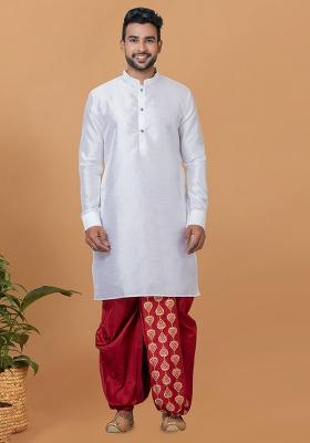 White Solid Banarasi Silk Kurta Set For Men