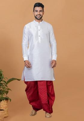 White Solid Banarasi Silk Kurta Set For Men