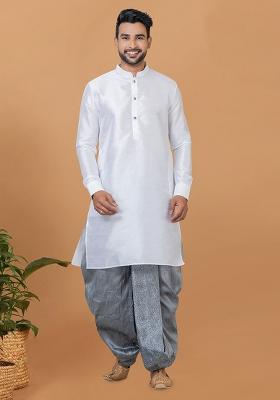 White Solid Banarasi Silk Kurta Set For Men