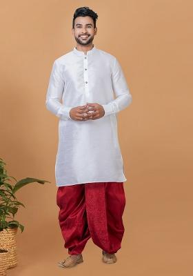 White Solid Banarasi Silk Kurta Set For Men