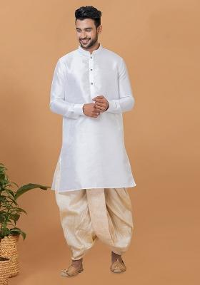 White Solid Banarasi Silk Kurta Set For Men