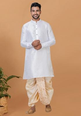 White Solid Banarasi Silk Kurta Set For Men