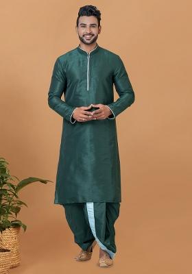 Green Solid Banarasi Silk Kurta Set For Men