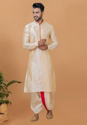 Gold Solid Banarasi Silk Kurta Set For Men