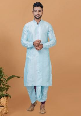 Sky Blue Solid Banarasi Silk Kurta Set For Men