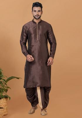 Coffee Brown Solid Banarasi Silk Kurta Set For Men