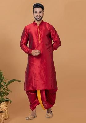 Red Solid Banarasi Silk Kurta Set For Men