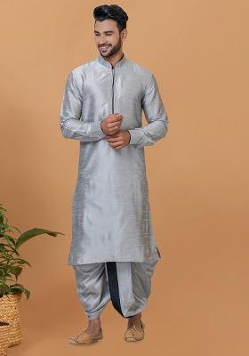 Grey Solid Banarasi Silk Kurta Set For Men