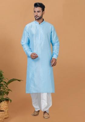 Sky Blue Solid Banarasi Silk Kurta Set For Men