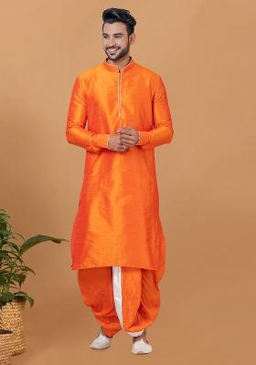 Orange Solid Banarasi Silk Kurta Set For Men
