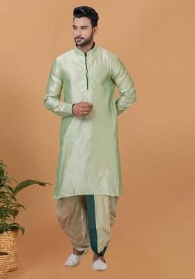 Mint Green Solid Banarasi Silk Kurta Set For Men