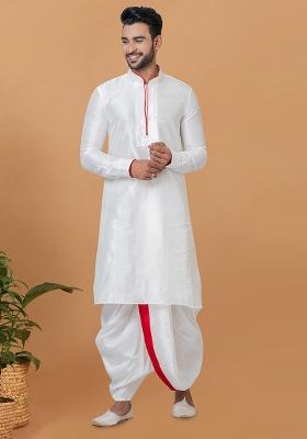 White Solid Banarasi Silk Kurta Set For Men