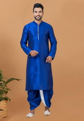 Royal Blue Solid Banarasi Silk Kurta Set For Men