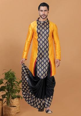 Orangeand Black Solid Banarasi Silk Kurta Set For Men
