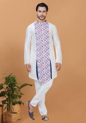 White Solid Banarasi Silk Kurta Set For Men