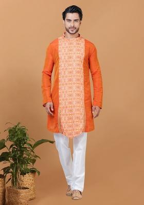 Orange Solid Banarasi Silk Kurta Set For Men