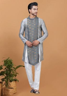 Grey Solid Banarasi Silk Kurta Set For Men