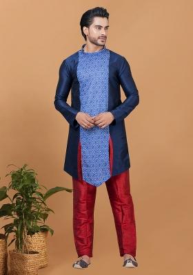 Navy Blue Solid Banarasi Silk Kurta Set For Men