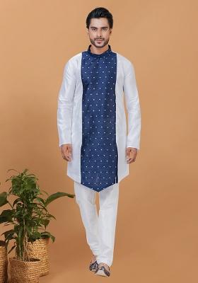 White Solid Banarasi Silk Kurta Set For Men