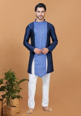 Navy Blue Solid Banarasi Silk Kurta Set For Men