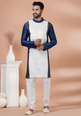 White Solid Banarasi Silk Kurta Set For Men