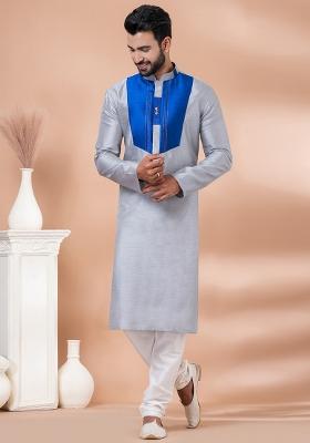 Grey Solid Banarasi Silk Kurta Set For Men