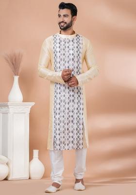 Gold Solid Banarasi Silk Kurta Set For Men