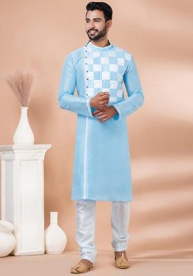 Sky Blue Solid Banarasi Silk Kurta Set For Men