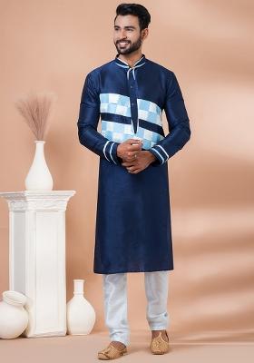 Navy Blue Solid Banarasi Silk Kurta Set For Men