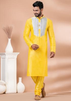Yellow Solid Banarasi Silk Kurta Set For Men