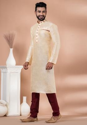 White Solid Banarasi Silk Kurta Set For Men