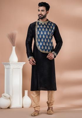 Black Solid Banarasi Silk Kurta Set For Men