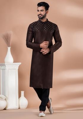 Coffee Brown Solid Banarasi Silk Kurta Set For Men