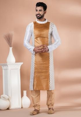 White Solid Banarasi Silk Kurta Set For Men