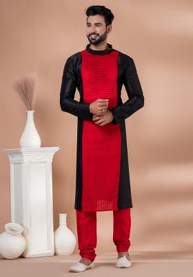 Black And Red Solid Banarasi Silk Kurta Set For Men