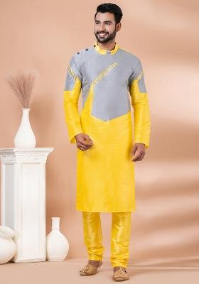 Yellow And Grey Solid Banarasi Silk Kurta Set For Men