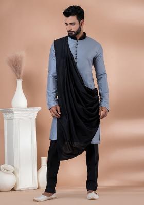 Grey Solid Viscose Kurta Set For Men