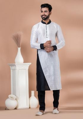 White Solid Banarasi Silk Kurta Set For Men