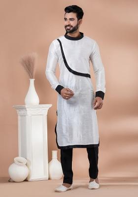 White Solid Banarasi Silk Kurta Set For Men