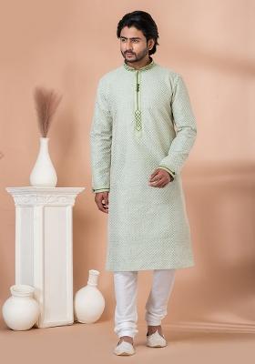 Mint Green Solid Silk Kurta Set For Men