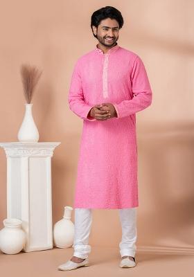 Pink Solid Viscose Kurta Set For Men