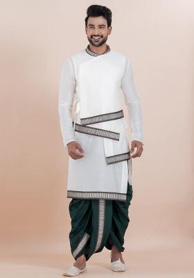 White Solid Banarasi Silk Kurta Set For Men