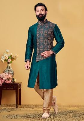 Green Solid Silk Kurta Set For Men