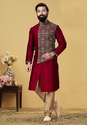 Red Solid Silk Kurta Set For Men