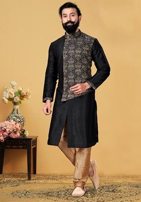 Black Solid Silk Kurta Set For Men