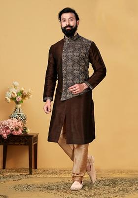 Coffee Brown Solid Silk Kurta Set For Men