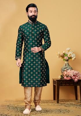Teal Green Solid Jacquard Kurta Set For Men