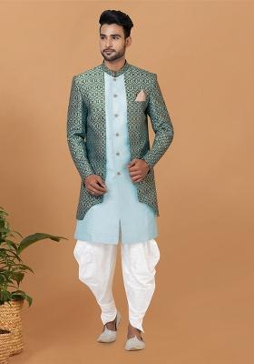 Sky Blue Printed Silk Indowestern Sherwani Set For Men