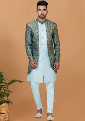 Sky Blue Printed Silk Indowestern Sherwani Set For Men
